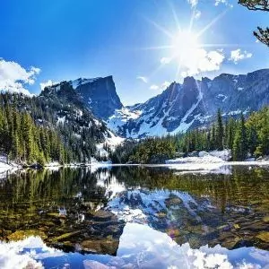 A bluebird sky day with an alpine lake and the mountains of Rocky Mountain National Park