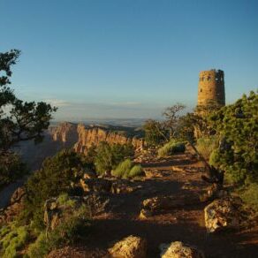 desert watchtower sunset grand canyon in march trees desert